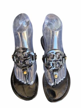 Tory Burch Miller Black Patent Logo Thong Sandals 7.5